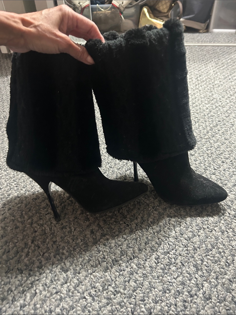 Nina Black Faux-Fur Fold-Over Stiletto Booties